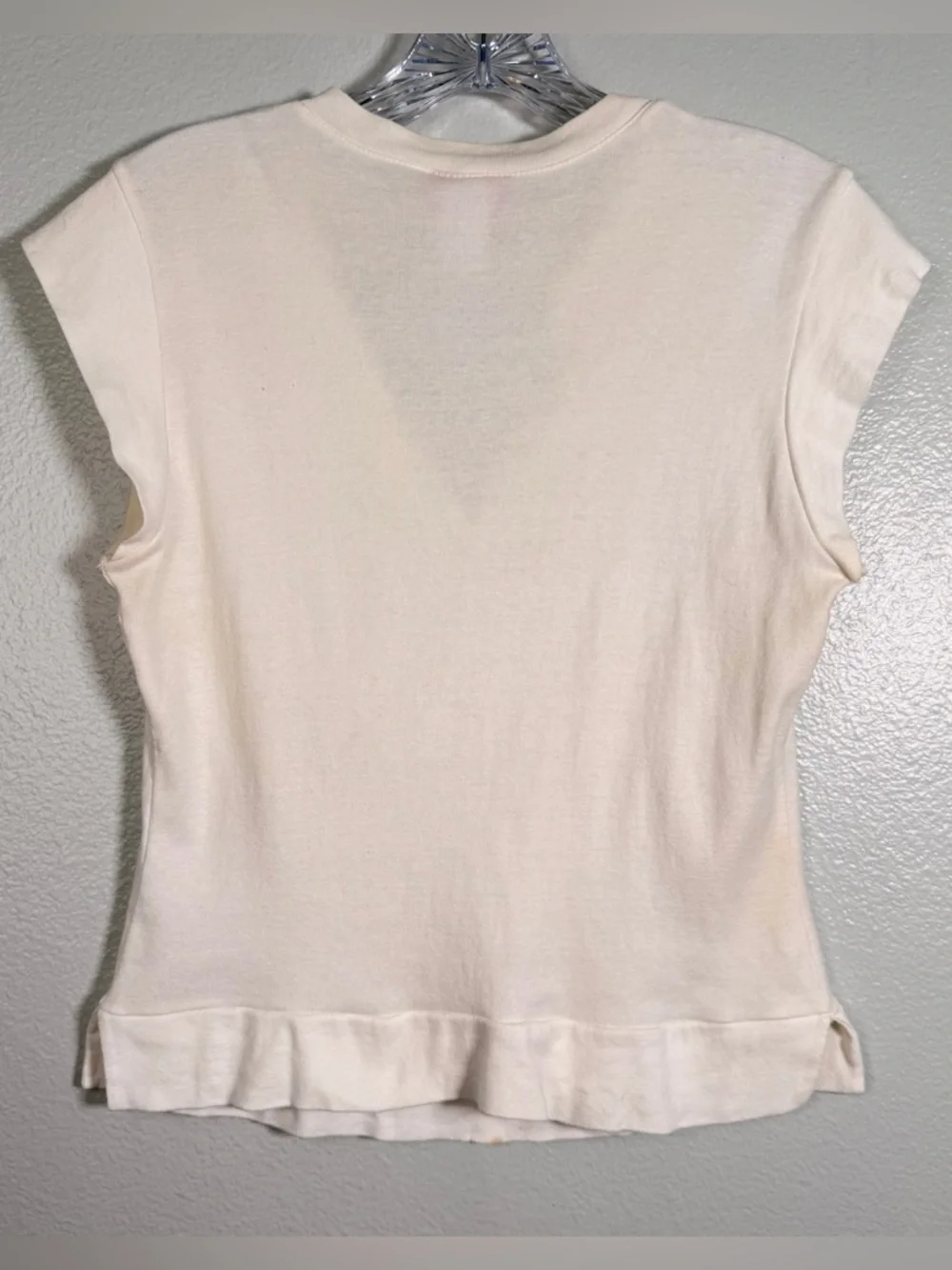 Y2K Outlaw USA Cap Sleeve Knit ~AUTH Off White V-Neck Ruched Front Cotton Top XL